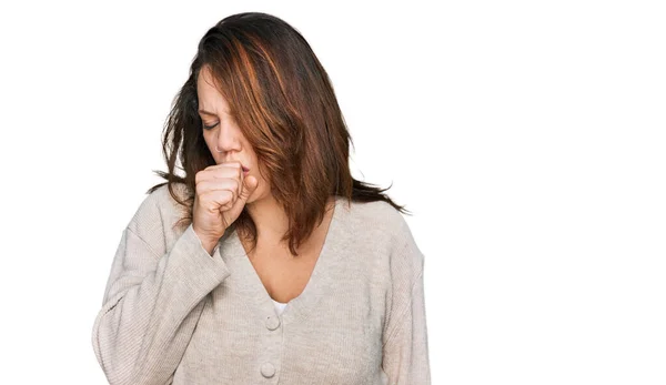 Young Size Woman Wearing Casual Clothes Feeling Unwell Coughing Symptom — Stock Photo, Image