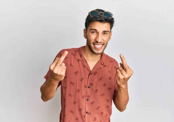 Young Handsome Man Wearing Casual Summer Clothes Showing Middle Finger — Foto Stock