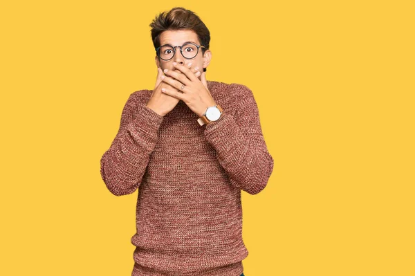Handsome Caucasian Man Wearing Casual Sweater Glasses Shocked Covering Mouth — Stock Photo, Image