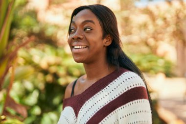 Genç Afrikalı Amerikalı kadın parkta mutlu bir şekilde gülümsüyor..