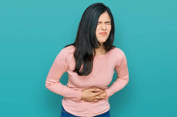 Young Hispanic Woman Wearing Casual Clothes Hand Stomach Because Nausea — Stock Photo, Image