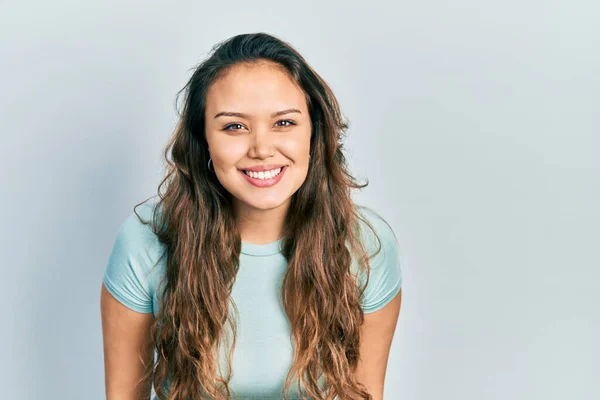 Young Hispanic Girl Wearing Casual Shirt Happy Cool Smile Face — Stockfoto