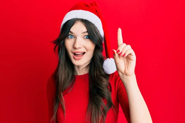 Young Beautiful Caucasian Girl Wearing Christmas Hat Pointing Finger Successful — Φωτογραφία Αρχείου