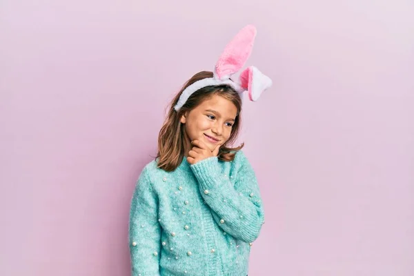 Little Beautiful Girl Wearing Cute Easter Bunny Ears Hand Chin — Stock Photo, Image