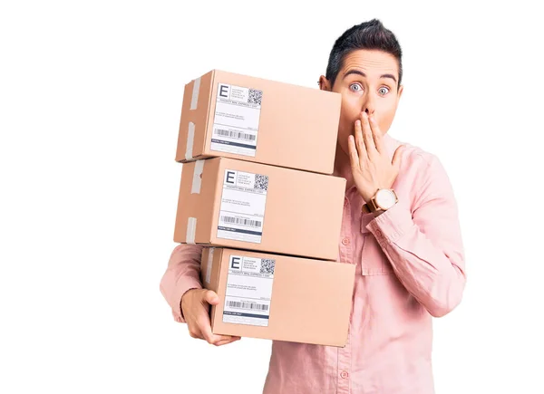 Young Woman Short Hair Holding Delivery Package Covering Mouth Hand — Stock Photo, Image