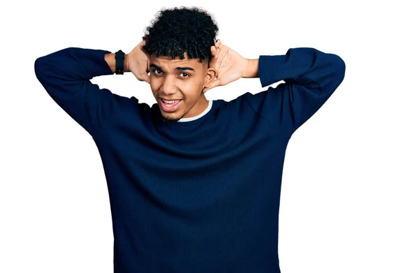 Young African American Man Wearing Casual Clothes Trying Hear Both — Stock Photo, Image