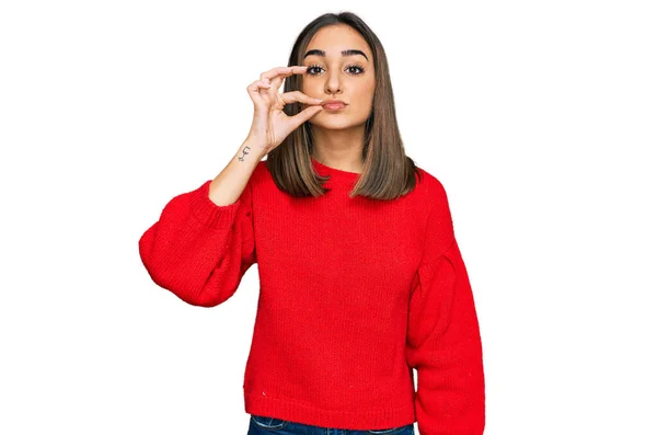 Beautiful Brunette Woman Wearing Casual Winter Sweater Mouth Lips Shut — Stock Photo, Image