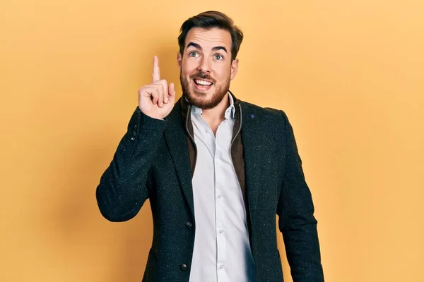 Handsome Caucasian Man Beard Wearing Elegant Business Jacket Pointing Finger — Φωτογραφία Αρχείου
