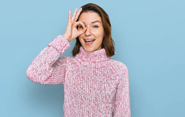 Young Caucasian Girl Wearing Wool Winter Sweater Doing Gesture Hand — 图库照片