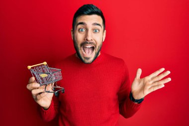 Young hispanic man holding small supermarket shopping cart celebrating victory with happy smile and winner expression with raised hands 