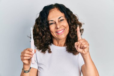 Orta yaşlı İspanyol kadın elinde elektrikli diş fırçası tutarken bir fikre ya da soru işaretine şaşırdı. 