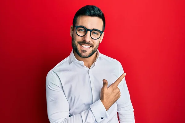 Young Hispanic Businessman Wearing Shirt Glasses Cheerful Smile Face Pointing — Stock Photo, Image