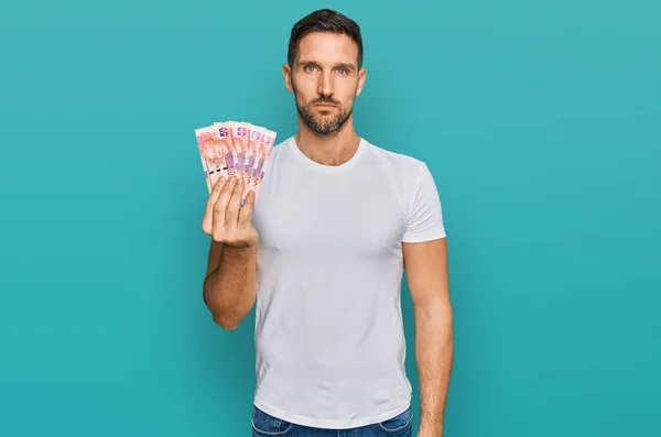 Handsome Man Beard Holding South African Rand Banknotes Thinking Attitude —  Fotos de Stock