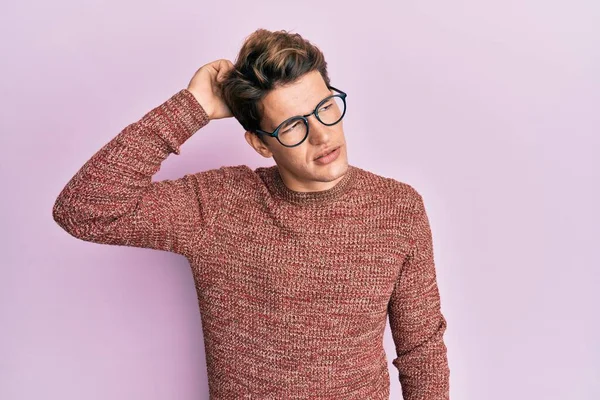 Handsome Caucasian Man Wearing Casual Sweater Glasses Confuse Wonder Question — Φωτογραφία Αρχείου