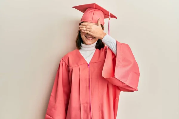 Young Caucasian Woman Wearing Graduation Cap Ceremony Robe Smiling Laughing — Zdjęcie stockowe