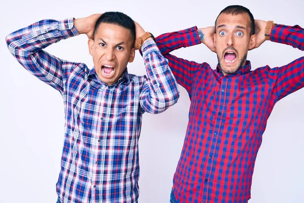 Young Gay Couple Two Men Wearing Casual Clothes Crazy Scared — Stock Photo, Image