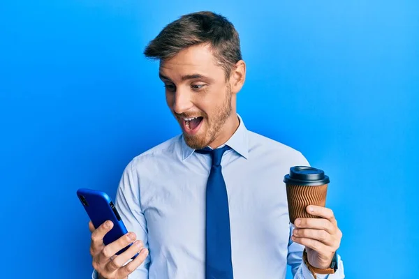 Handsome Caucasian Business Man Using Smartphone Drinking Cup Coffee Celebrating — Stock Fotó