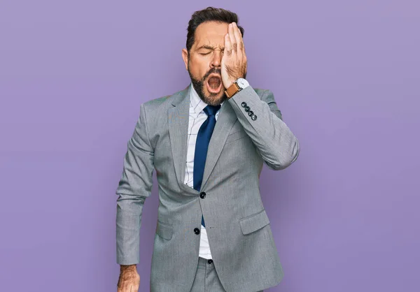 Middle Age Man Wearing Business Clothes Yawning Tired Covering Half — Φωτογραφία Αρχείου