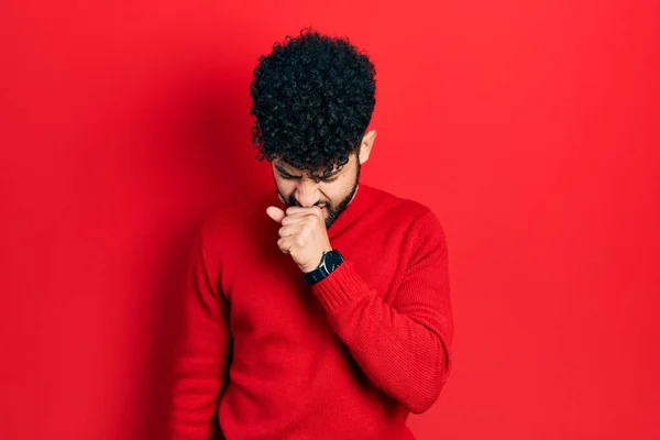 Young Arab Man Beard Wearing Casual Red Sweater Feeling Unwell — Stockfoto