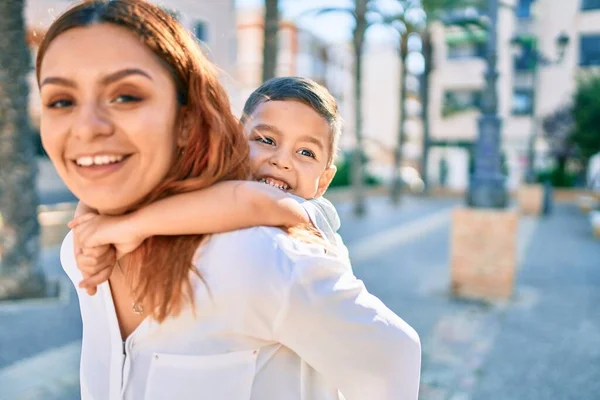 Adorable Latin Mother Son Smiling Happy Hugging City — Stock Photo, Image