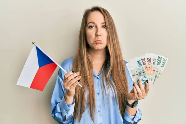 Young Blonde Woman Holding Czech Republic Flag Koruna Banknotes Depressed — Photo