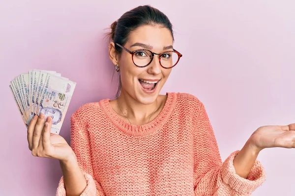 Young Caucasian Woman Holding Singapore Dollars Banknotes Celebrating Achievement Happy — Fotografia de Stock