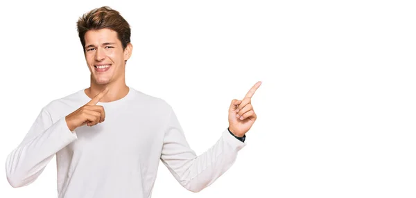 Handsome Caucasian Man Wearing Casual White Sweater Smiling Looking Camera — Zdjęcie stockowe