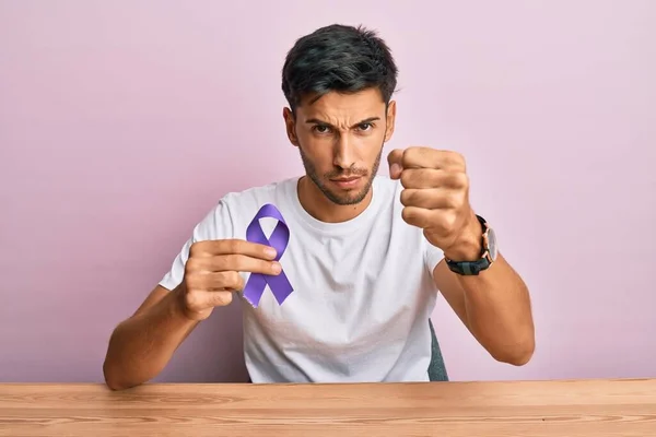 Young Handsome Man Holding Purple Ribbon Awareness Annoyed Frustrated Shouting — Stock Photo, Image