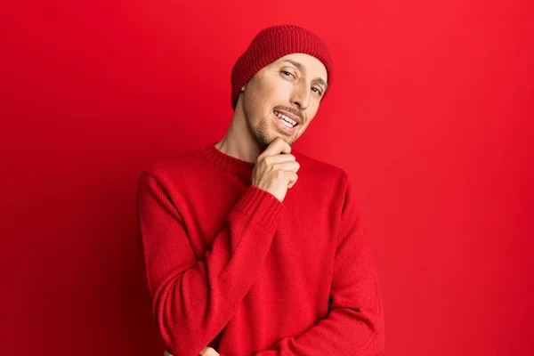 Bald Man Beard Wearing Wool Sweater Winter Hat Smiling Looking — Φωτογραφία Αρχείου