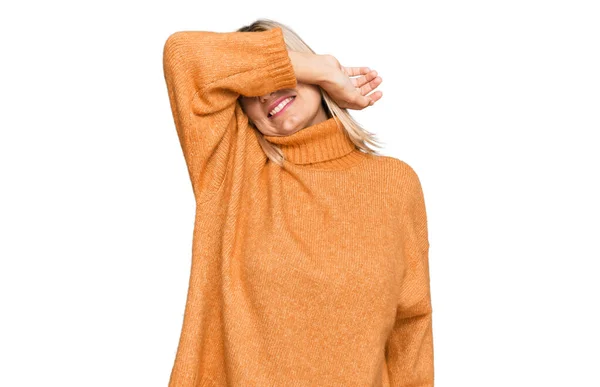 Middle Age Caucasian Woman Wearing Casual Winter Sweater Covering Eyes — Photo