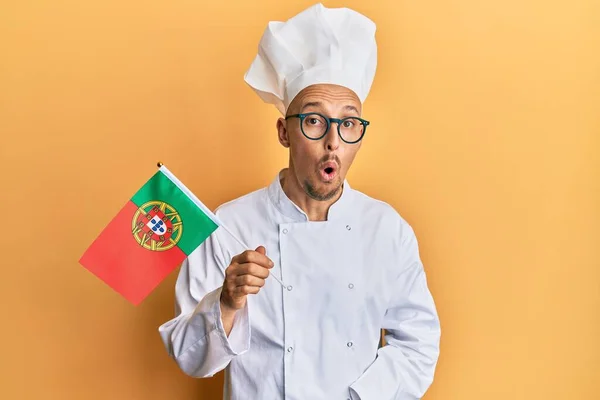 Bald Man Beard Wearing Professional Cook Apron Holding Portugal Flag — Photo