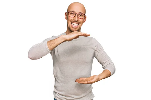 Bald Man Beard Wearing Casual Clothes Glasses Gesturing Hands Showing — Stock Fotó