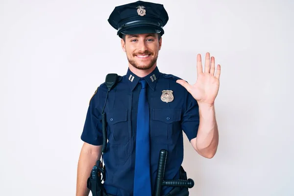 Young Caucasian Man Wearing Police Uniform Showing Pointing Fingers Number — Stockfoto