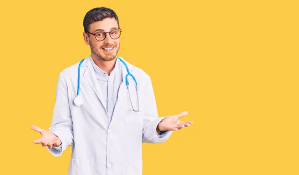 Handsome Young Man Bear Wearing Doctor Uniform Clueless Confused Expression — Stock Photo, Image