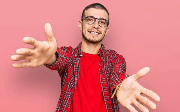Hispanic Young Man Wearing Casual Clothes Looking Camera Smiling Open — Stock Photo, Image