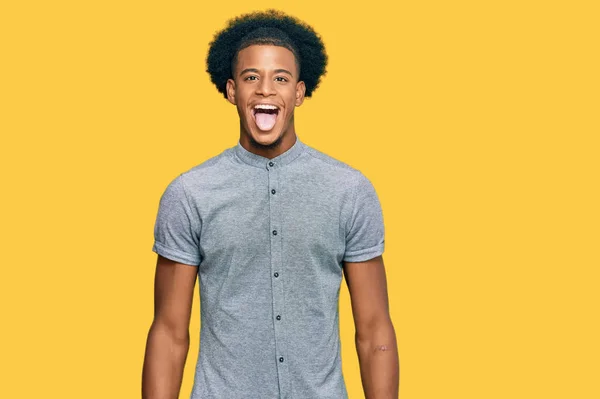 African American Man Afro Hair Wearing Casual Clothes Sticking Tongue — Stock Photo, Image