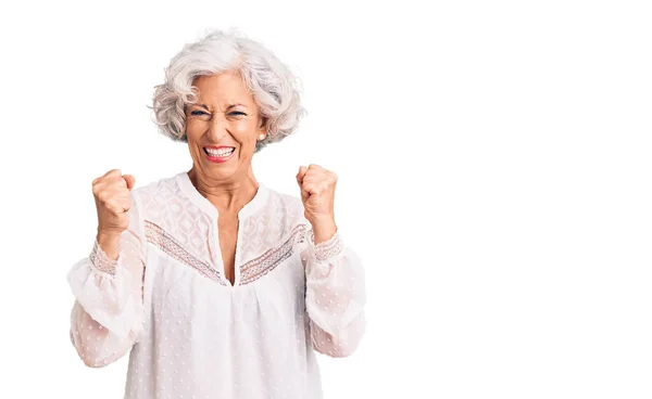 Senior Grey Haired Woman Wearing Casual Clothes Excited Success Arms — Stock Photo, Image