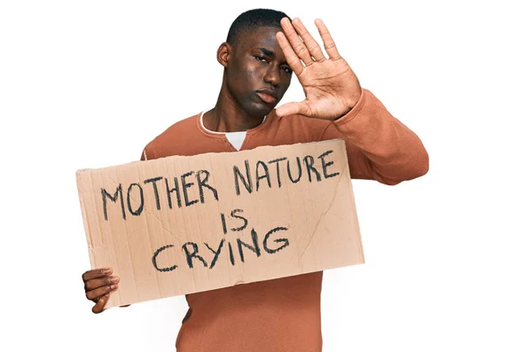 Young African American Man Holding Mother Nature Crying Protest Cardboard — Stock Photo, Image