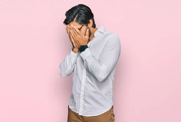 Young Hispanic Man Wearing Business Shirt Glasses Sad Expression Covering — Φωτογραφία Αρχείου