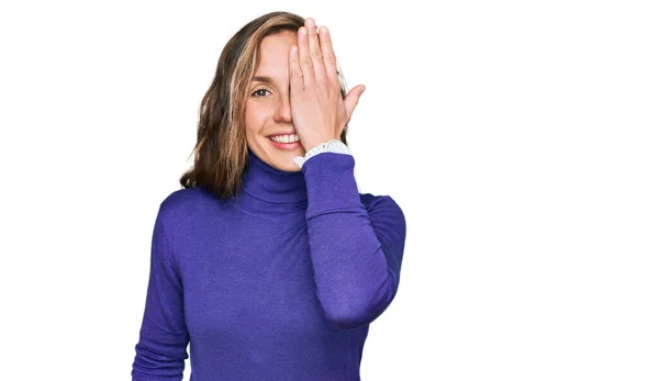 Young Blonde Woman Wearing Casual Clothes Covering One Eye Hand — Stock Photo, Image