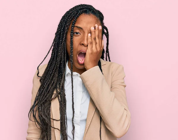 African American Woman Wearing Business Jacket Yawning Tired Covering Half — Stock Photo, Image