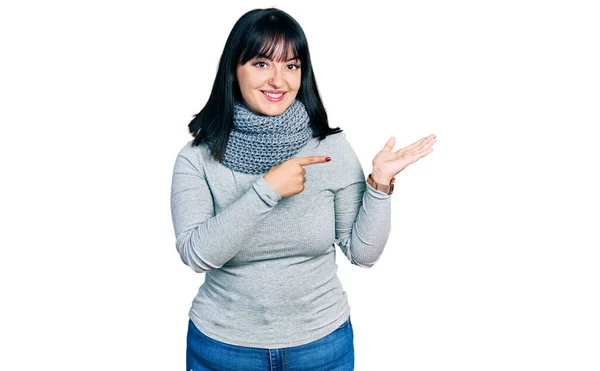 Young Hispanic Size Woman Wearing Winter Scarf Amazed Smiling Camera — Stok Foto