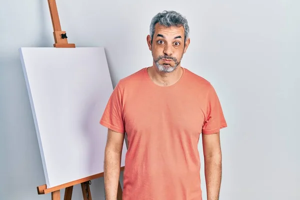 Handsome Middle Age Man Grey Hair Standing Painter Easel Stand — Stock Photo, Image