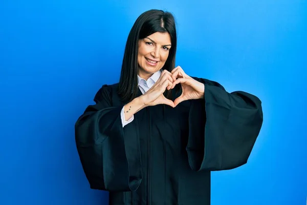 Young Hispanic Woman Wearing Judge Uniform Smiling Love Doing Heart — Stock Photo, Image