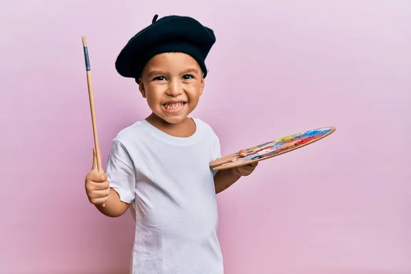 Adorable Latin Toddler Smiling Happy Wearing Artist Style Using Paintbrush — Stock Photo, Image