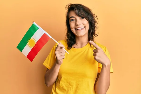 Young Hispanic Woman Holding San Fernando Flag Smiling Happy Pointing — Stock Photo, Image