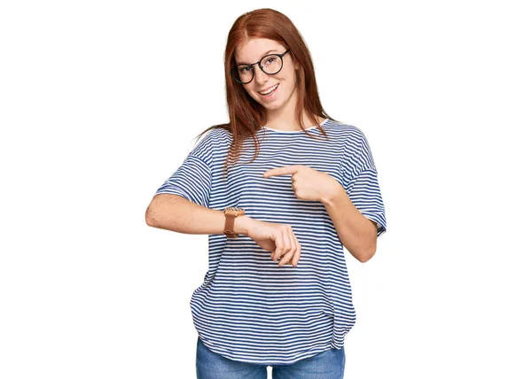 Young Read Head Woman Wearing Casual Clothes Glasses Hurry Pointing — Stock Photo, Image