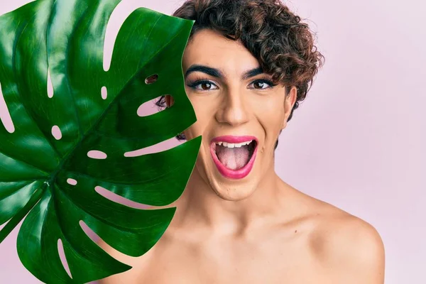 Young Man Wearing Woman Make Holding Green Plant Leaf Close — Stock Photo, Image