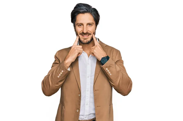 Young Hispanic Man Wearing Business Clothes Smiling Open Mouth Fingers — Stock Photo, Image