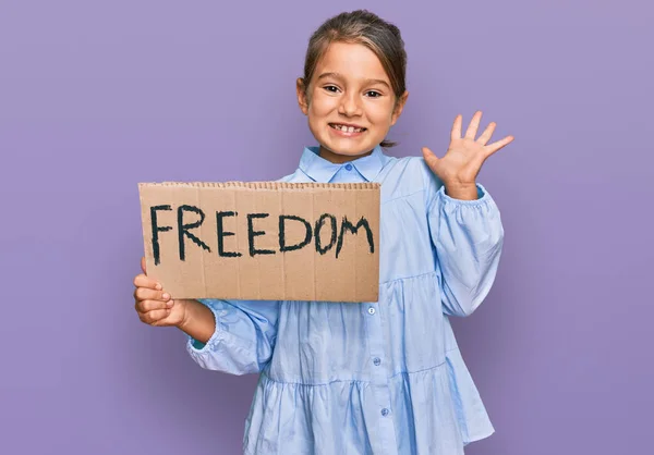 Little Beautiful Girl Holding Freedom Banner Celebrating Victory Happy Smile — Stock Photo, Image